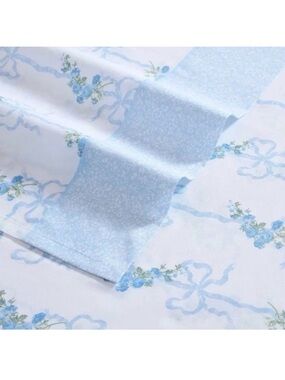 Laura Ashley ~ QUEEN Blue Floral Ribbon 100% Cotton Deep Pockets 4pc Sheet Set